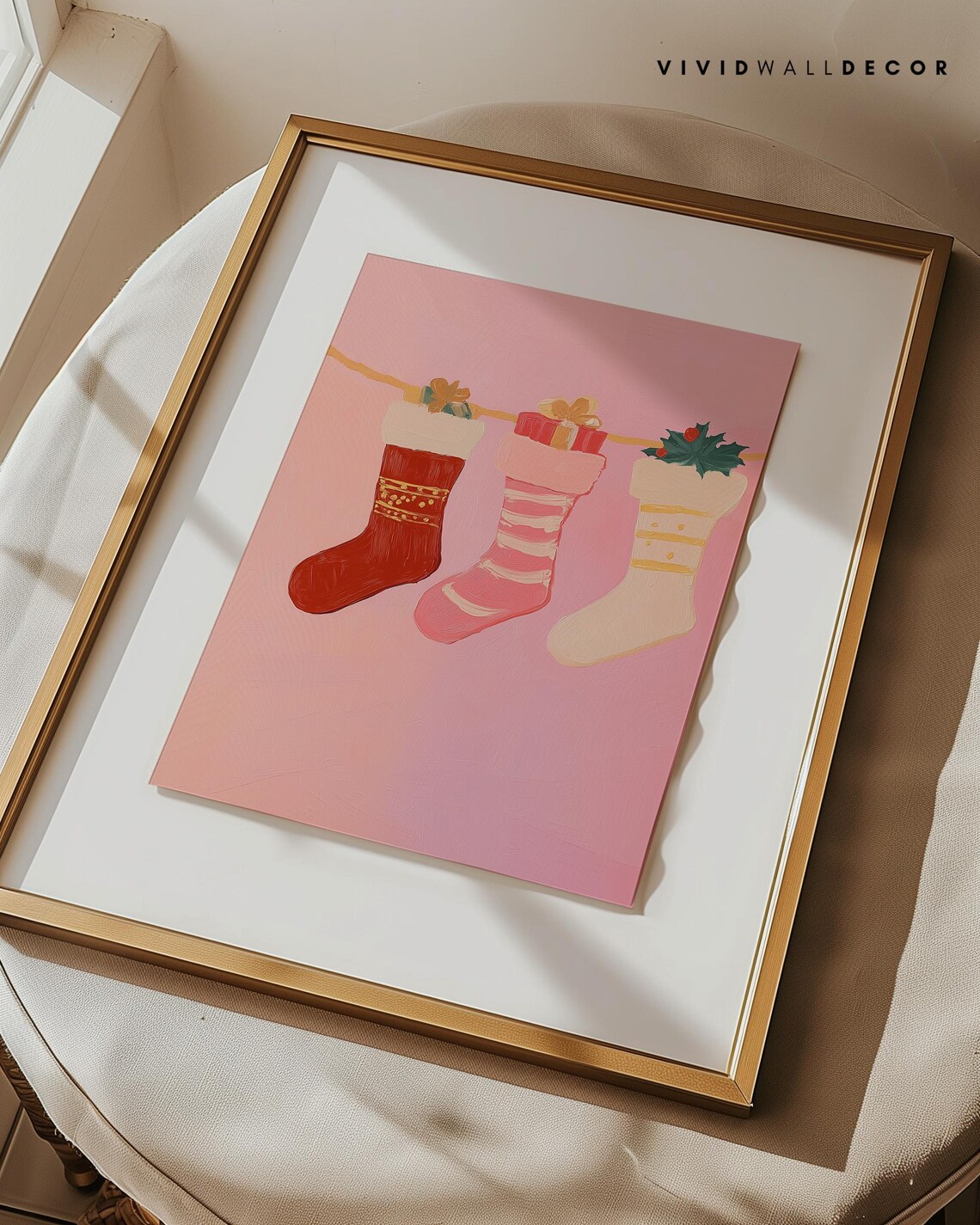Three Christmas Stockings Hanging On Garland Pink Holiday Poster - Image 3