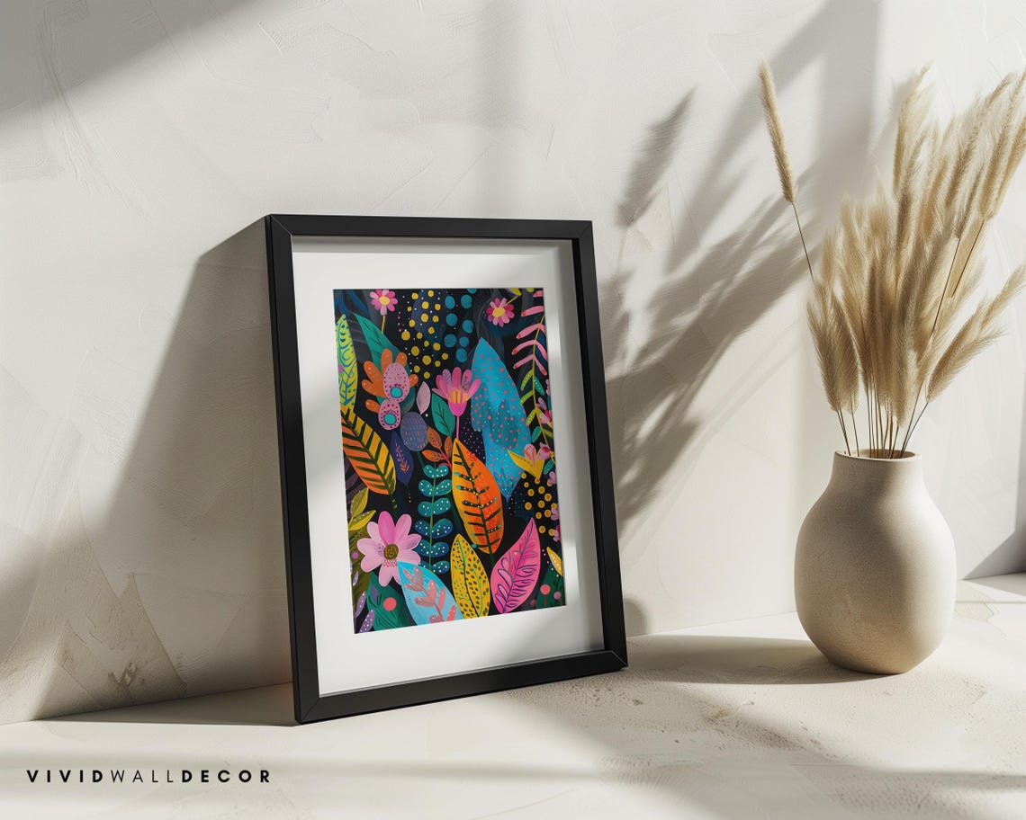 Neon Tropical Leaves On Black Vibrant Botanical Maximalist Poster - Image 4