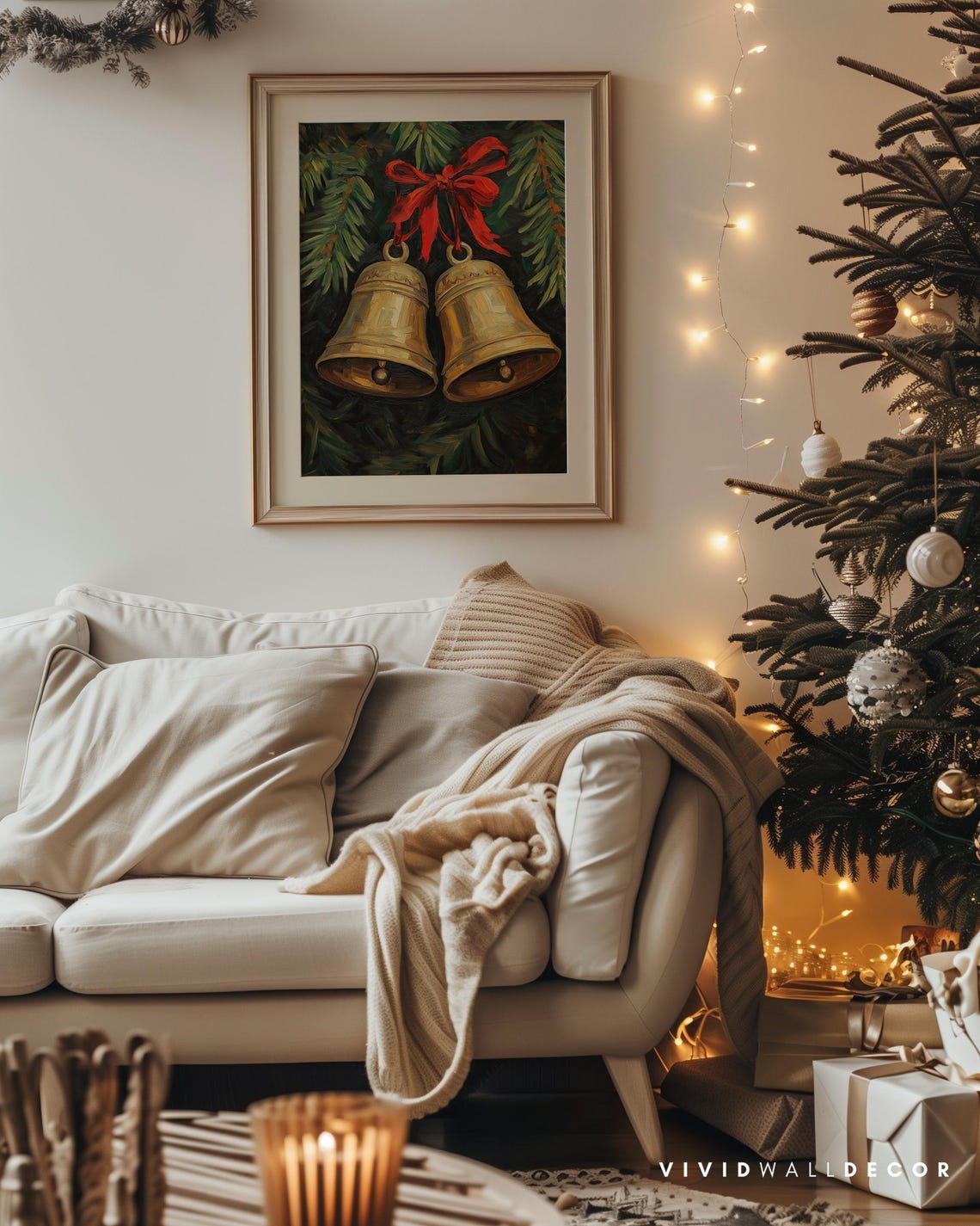 Golden Christmas Bells With Red Bow Hanging On Dark Pine Poster - Image 4
