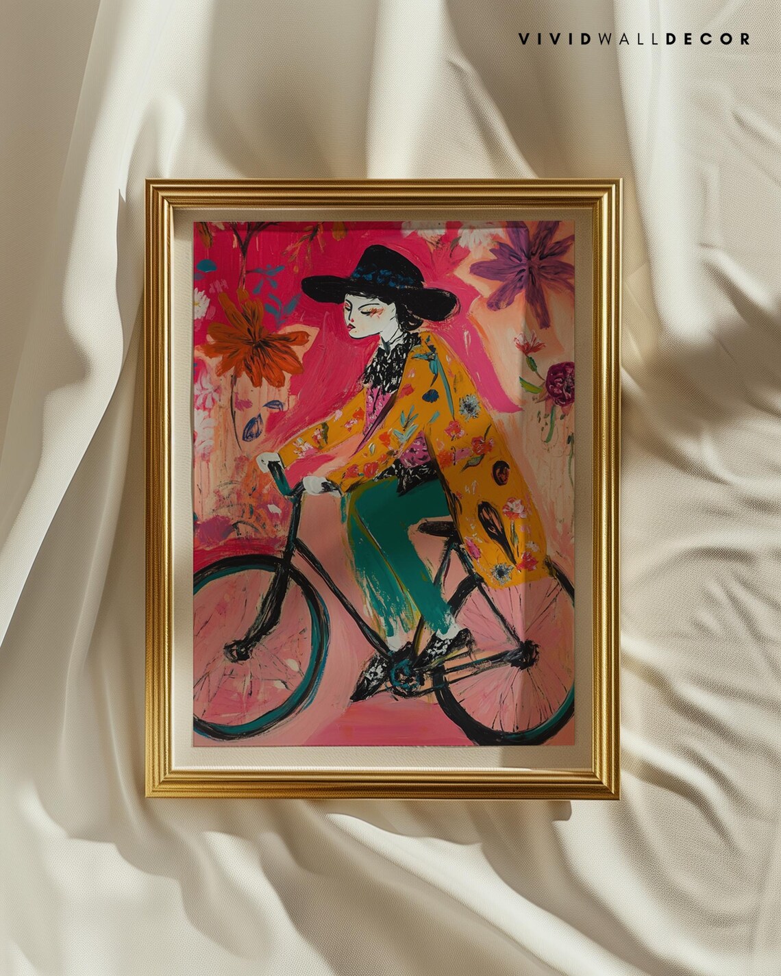 Colorful Woman Cycling Through Giant Flowers Fauvist Art Poster - Image 2