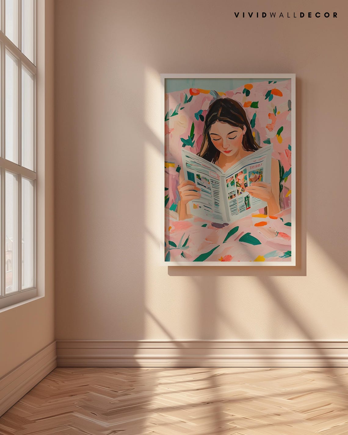 Woman Reading Newspaper in Pink Floral Bed Modern Art Poster - Image 4