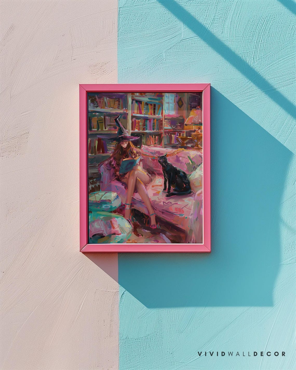 Witch Reading In A Pink Library With Black Cat Cozy Halloween Poster - Image 3