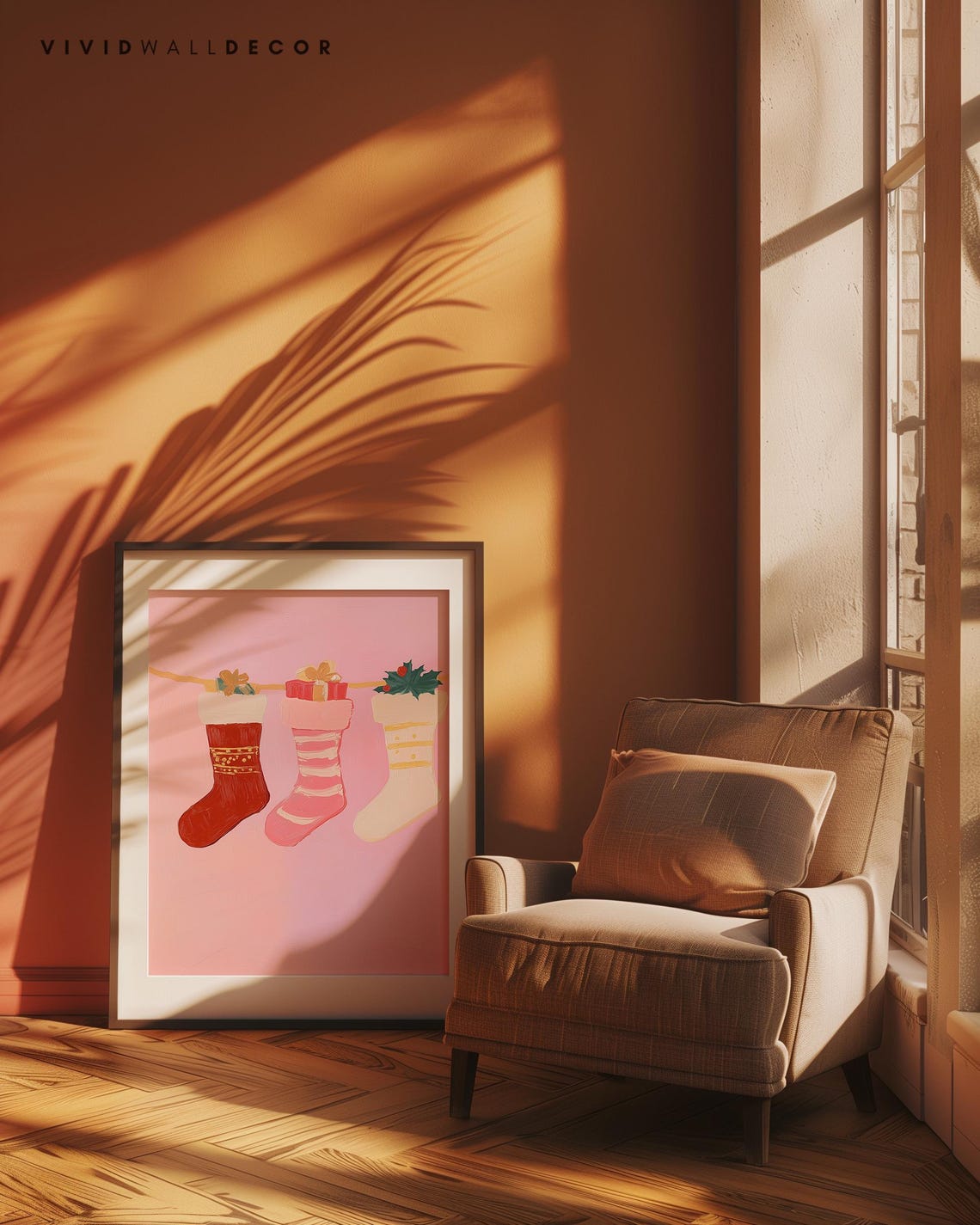 Three Christmas Stockings Hanging On Garland Pink Holiday Poster - Image 4