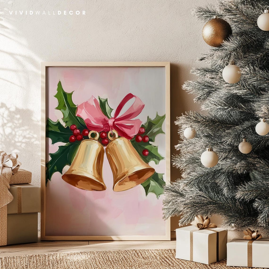 Golden Christmas Bells With Pink Bow And Holly Leaves Poster - Image 4