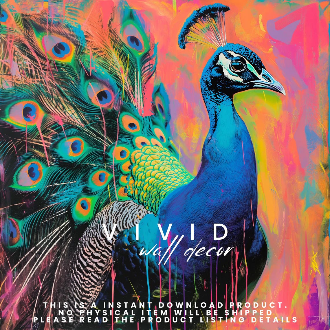Electric Blue Peacock Neon Maximalist Colorful Bird Art Poster - Image 2