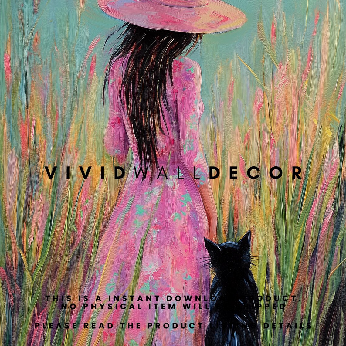 Romantic Woman in Pink Dress with Black Cat Meadow Art Poster - Image 2