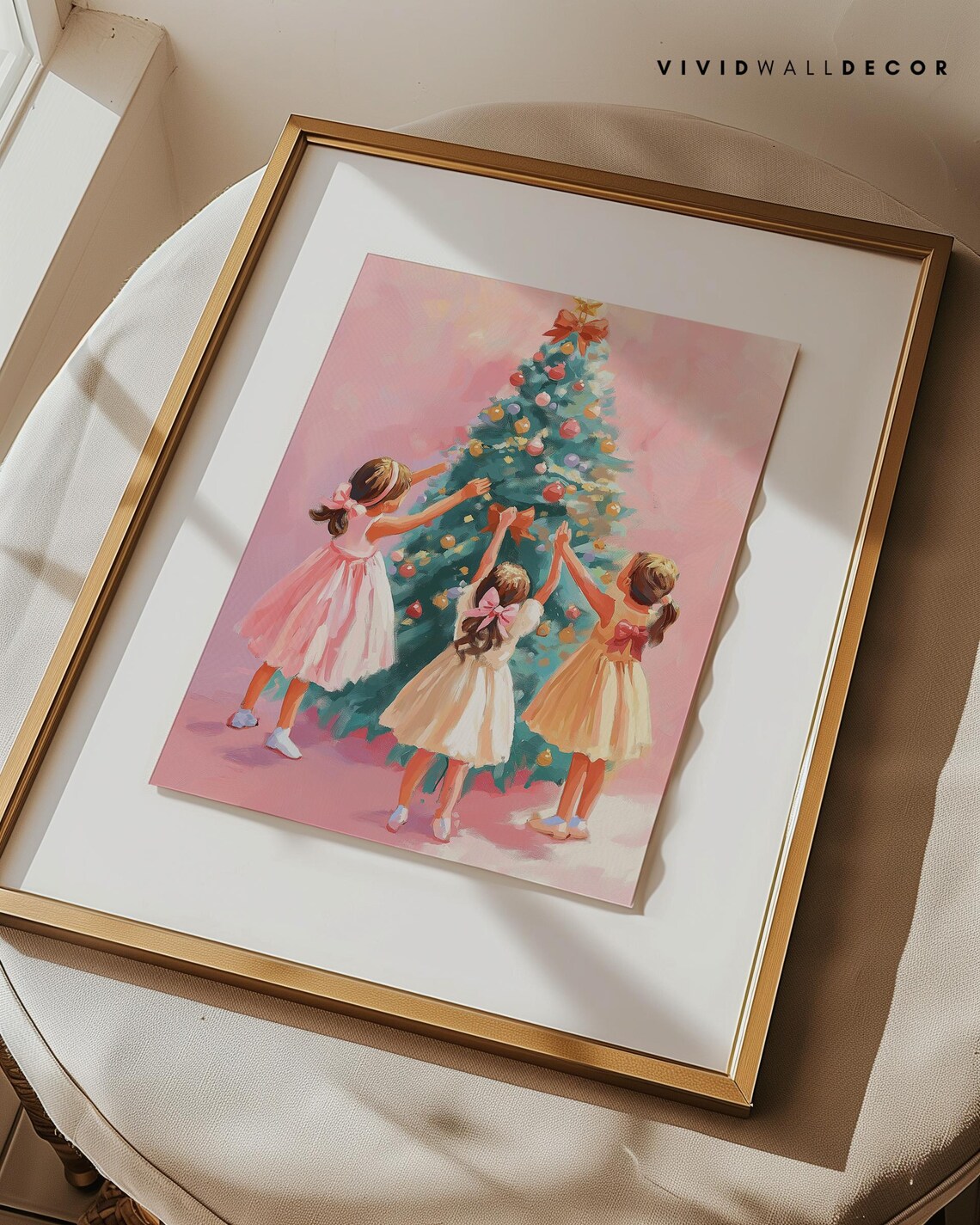 Three Little Girls Decorating Christmas Tree Pink Art Poster - Image 2