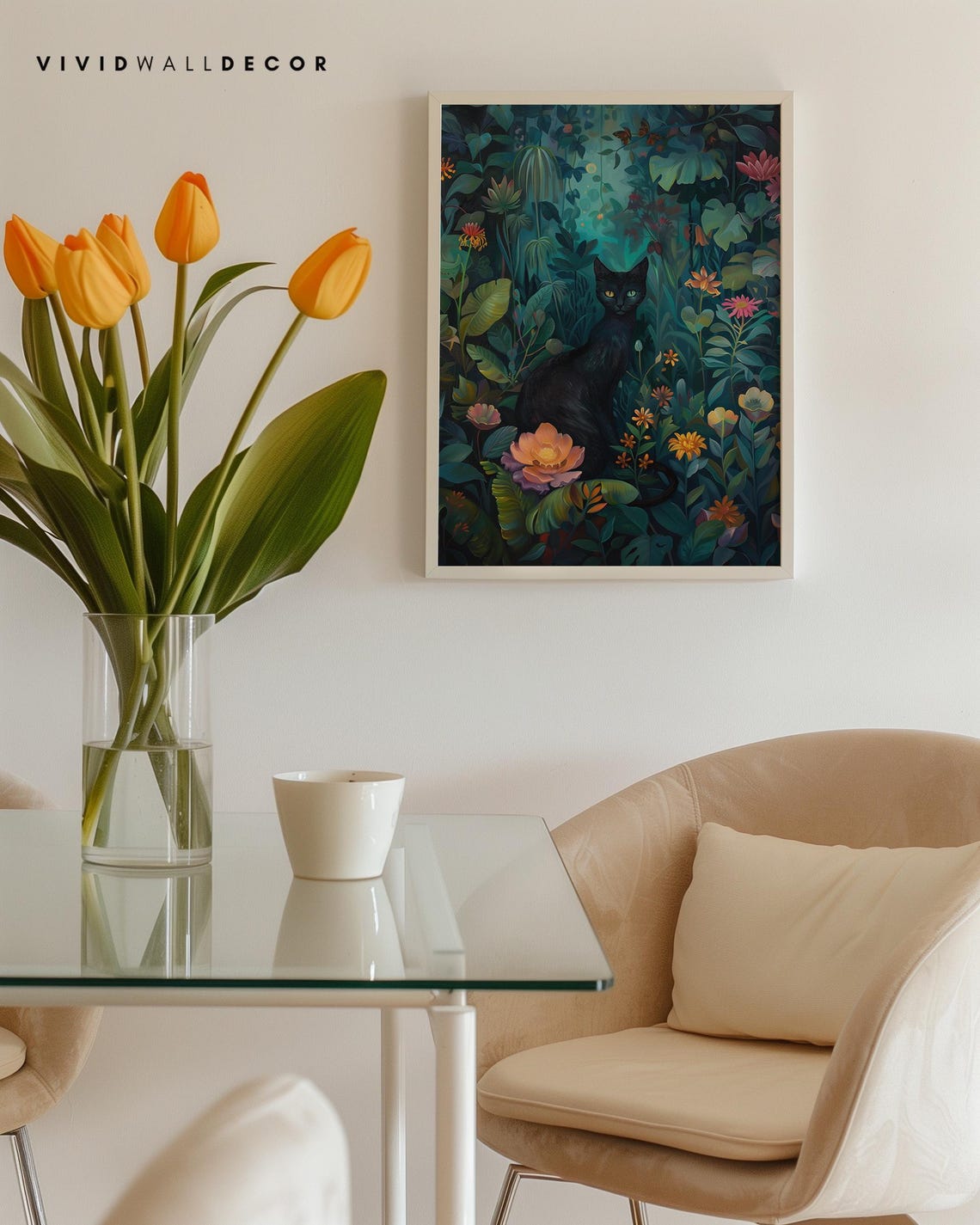 Mysterious Black Cat in a Midnight Jungle Floral Garden Poster - Image 4