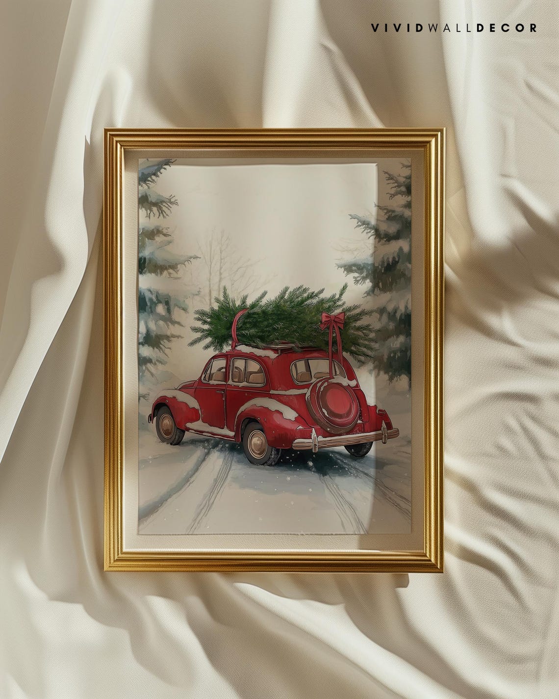 Vintage Red Car Carrying Christmas Tree in Snow Holiday Poster - Image 2