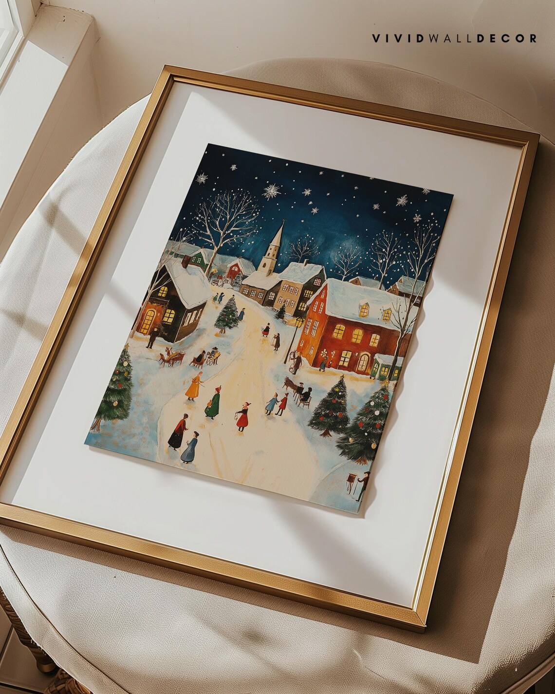 Snowy Village Christmas Eve Night Scene Folk Celebration Poster - Image 2
