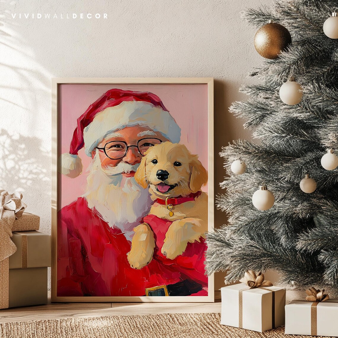 Santa With Golden Puppy Art Poster Pink Christmas Holiday Wall Decor - Image 4