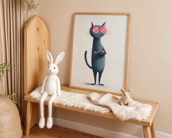 Trendy Black Cat Wall Art With Pink Sunglasses Cool Animal Poster For Kids Room Nursery Decor Hip Feline