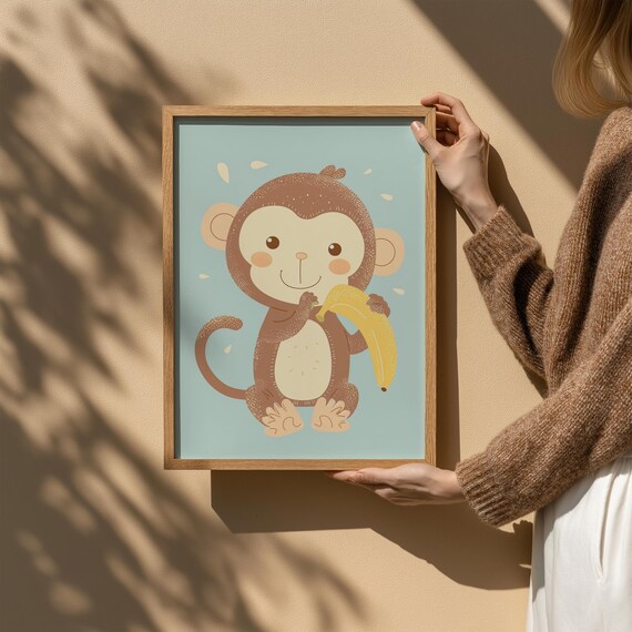 Cute Monkey Eating A Banana On Soft Blue Nursery Wall Poster