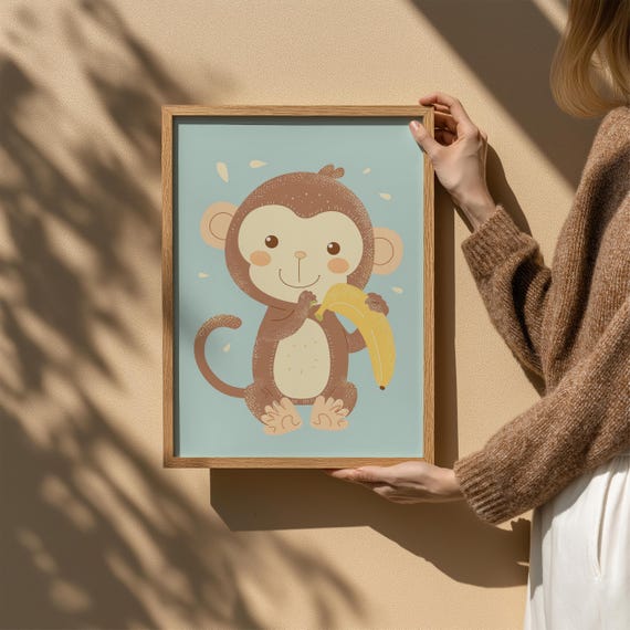 Cute Monkey With Banana Poster Funny Jungle Animal Wall Art For Nursery Or Toddler Room Kids Print