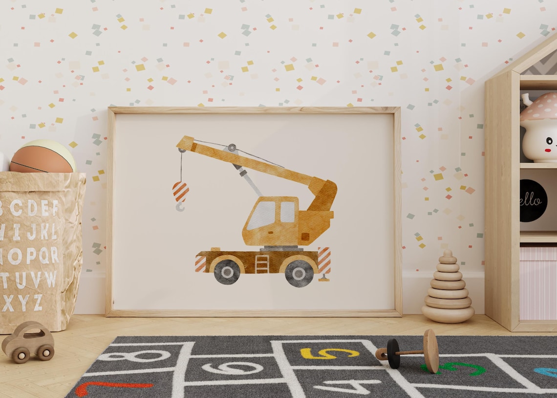 Watercolor Construction Crane Truck Nursery Kids Room Poster
