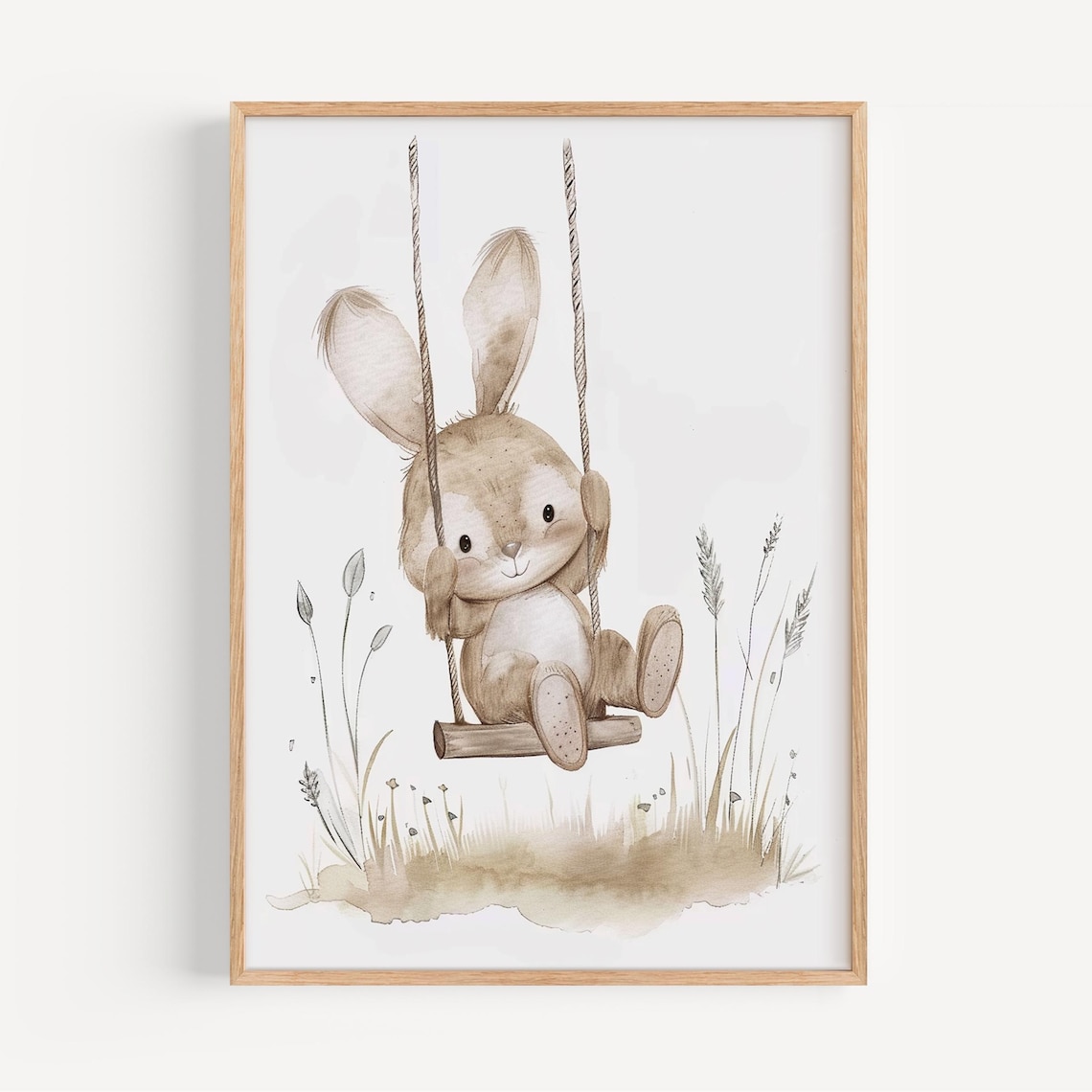 Adorable Bunny On A Wooden Rope Swing Watercolor Nursery Print