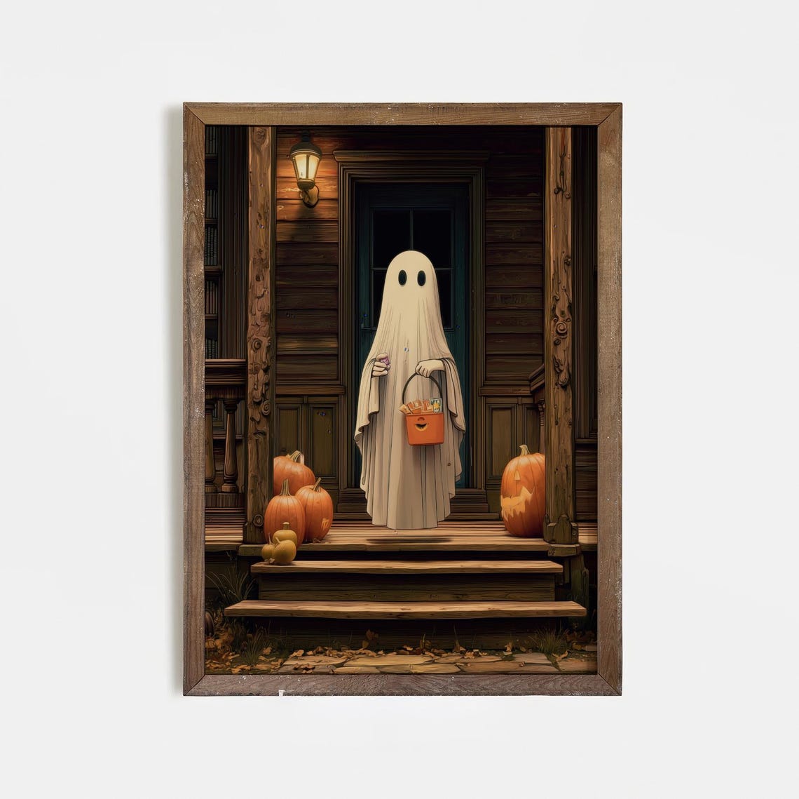 Trick or Treat Ghost on Wooden Porch Pumpkins Cute Halloween Poster