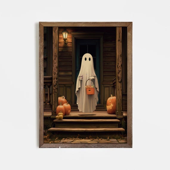 Trick Or Treat Halloween Art Print Cute Haunted Porch Wall Decor With Pumpkins Spooky Autumn Illustration Poster