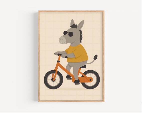 Cool Donkey with Sunglasses Riding Bicycle Kids Room Art Poster
