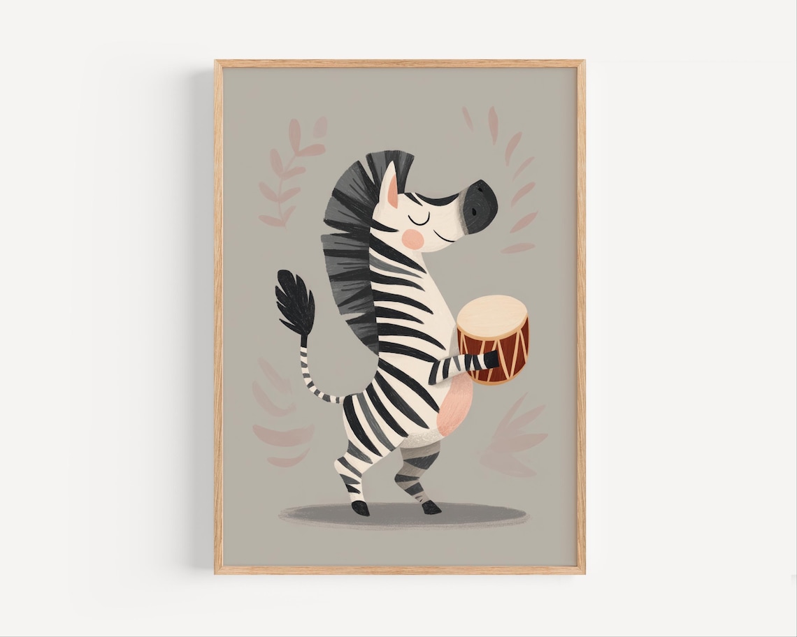 Happy Zebra Playing Drum Safari Nursery Kids Funny Animal Poster