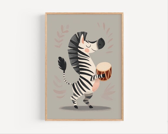 Happy Zebra Playing Drum Safari Nursery Kids Funny Animal Poster