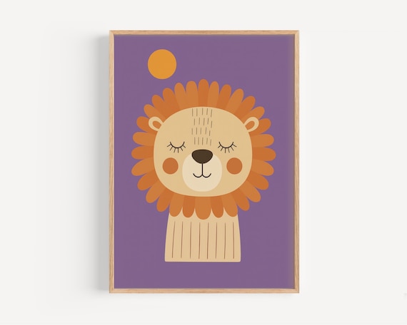 Sleepy Cartoon Lion With Orange Mane on Purple Nursery Poster