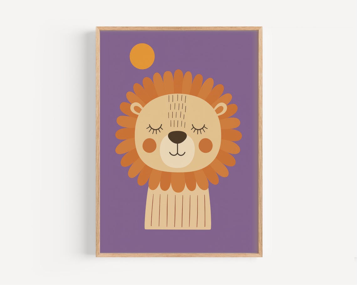 Sleepy Cartoon Lion With Orange Mane on Purple Nursery Poster
