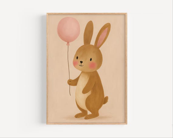 Bunny With Balloon Nursery Print Cute Animal Wall Art Baby Room Decor Kids Poster Pastel Artwork