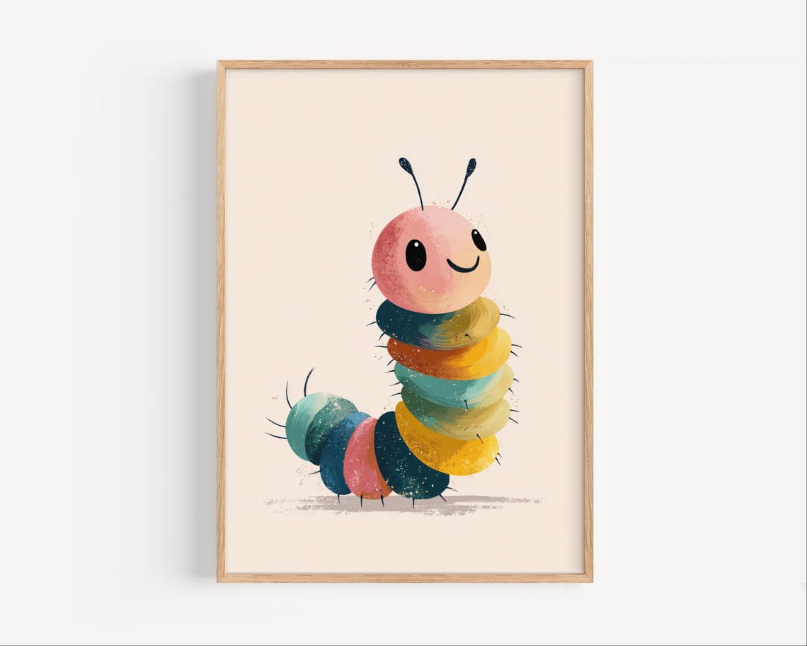 Colorful Smiling Caterpillar Nursery Kids Room Funny Bug Poster