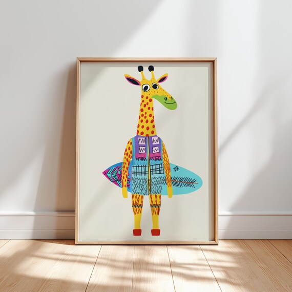Surfing Giraffe Wall Art Nursery Prints Kids Room Collection Baby Decor Playful Animal Eclectic