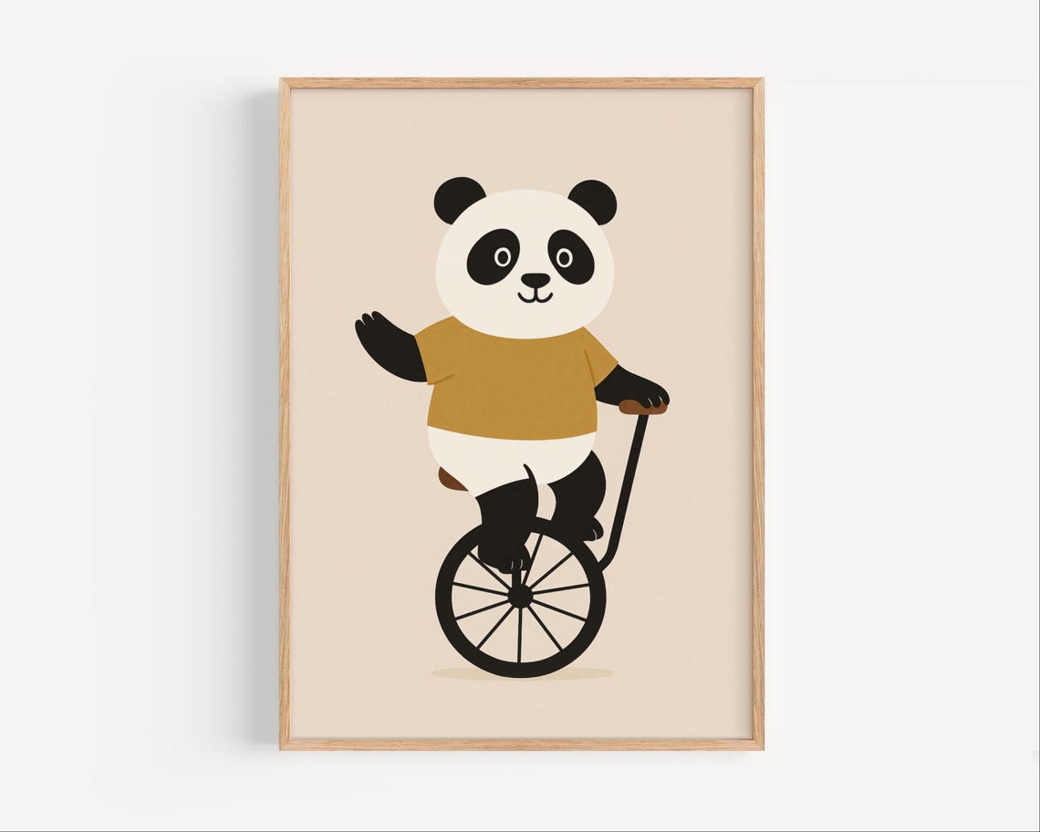 Cute Panda Riding Unicycle Beige Kids Nursery Decor Art Poster