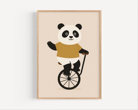 Cute Panda On Unicycle Poster Nursery Wall Art For Kids Funny Animal Decor Playroom