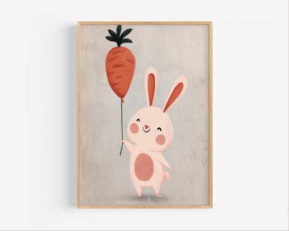 Cute Bunny Wall Art Nursery Decor With Carrot Balloon Animal Print Poster Baby Room Instant