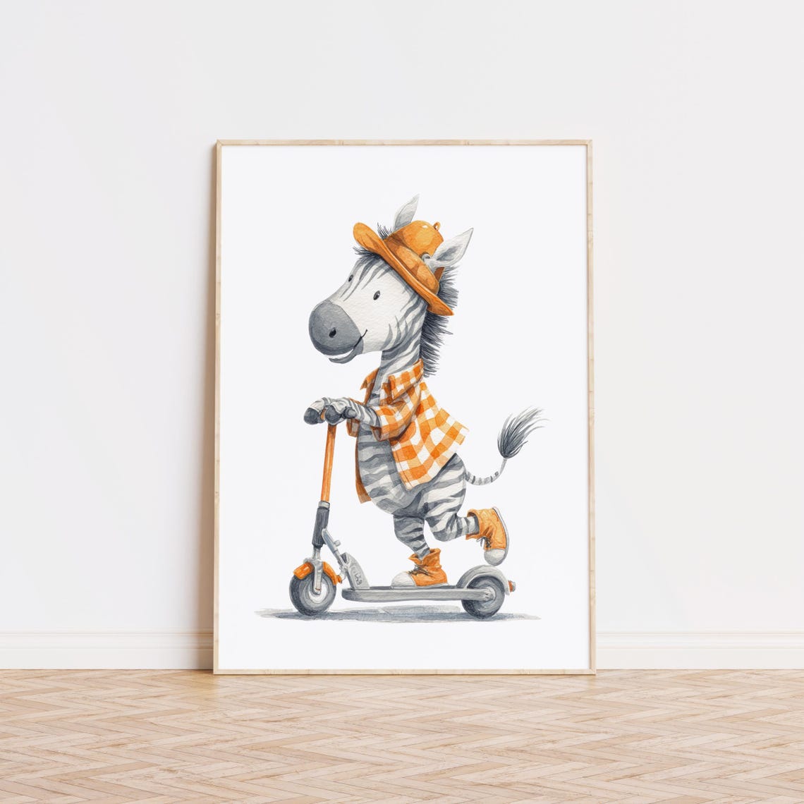 Zebra in Cowboy Hat Riding a Scooter Kids Nursery Wall Poster