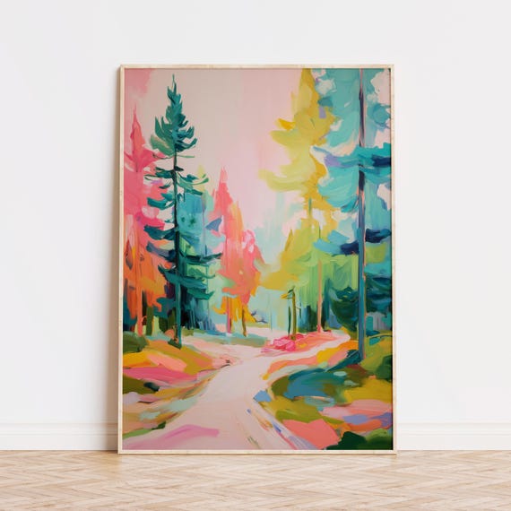 Colorful Abstract Forest Painting Pink Modern Wall Art Vibrant Trees Landscape Print Impressionist Nature Decor