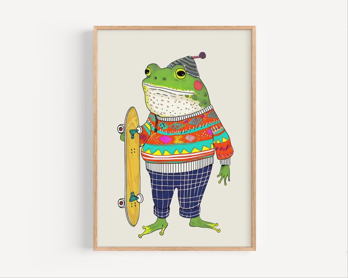 Cool Frog Skateboarder Poster in Sweater and Beanie Kids Animal Art
