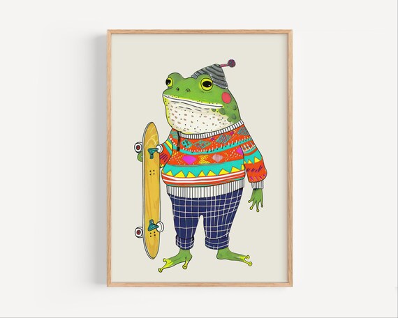 Cool Frog Art Print Skateboarding Animal Poster Colorful Illustration Wall Decor For Nursery Kids Or Teens Room