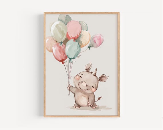 Rhino With Balloons Poster Whimsical Animal Nursery Wall Art Cute Baby Room Decor