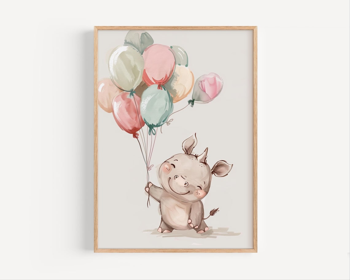 Baby Rhino Holding Pastel Balloons Watercolor Nursery Cute Animal Poster