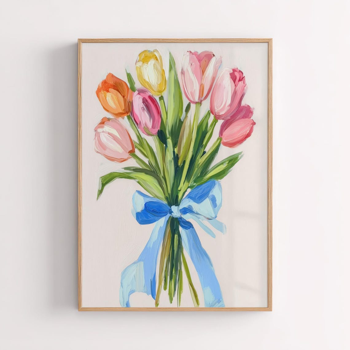 Colorful Tulip Bouquet With Blue Ribbon Spring Floral Wall Art