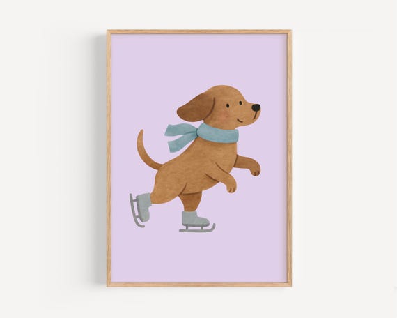 Skating Dog Winter Wall Art Cute Illustration For Kids Room Seasonal Nursery Decor Puppy Ice Poster