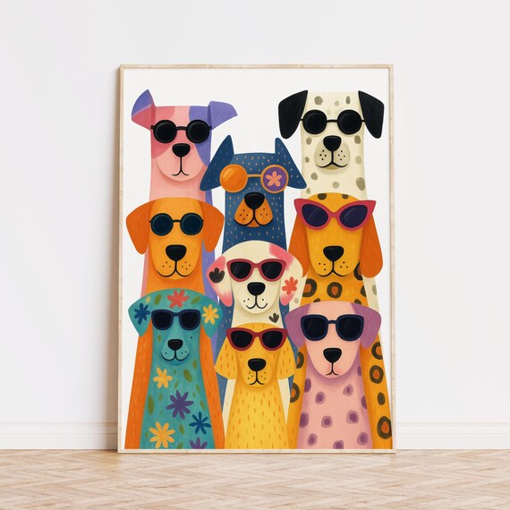 Dogs in Sunglasses Colorful Stack Funny Animal Nursery Art Poster