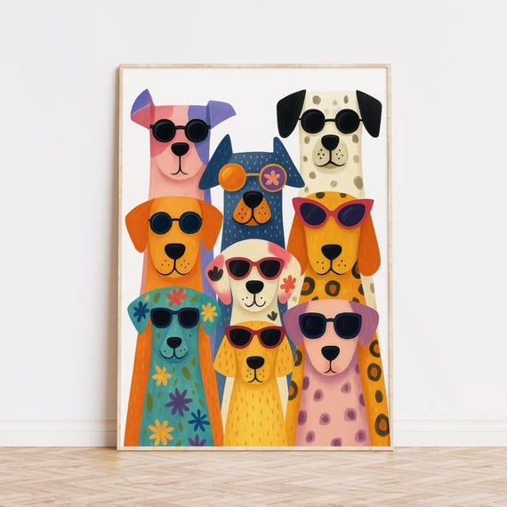 Dogs In Sunglasses Poster Funny Animal Print For Kids Cute Dog Nursery Decor Pastel Wall Art Childrens Room