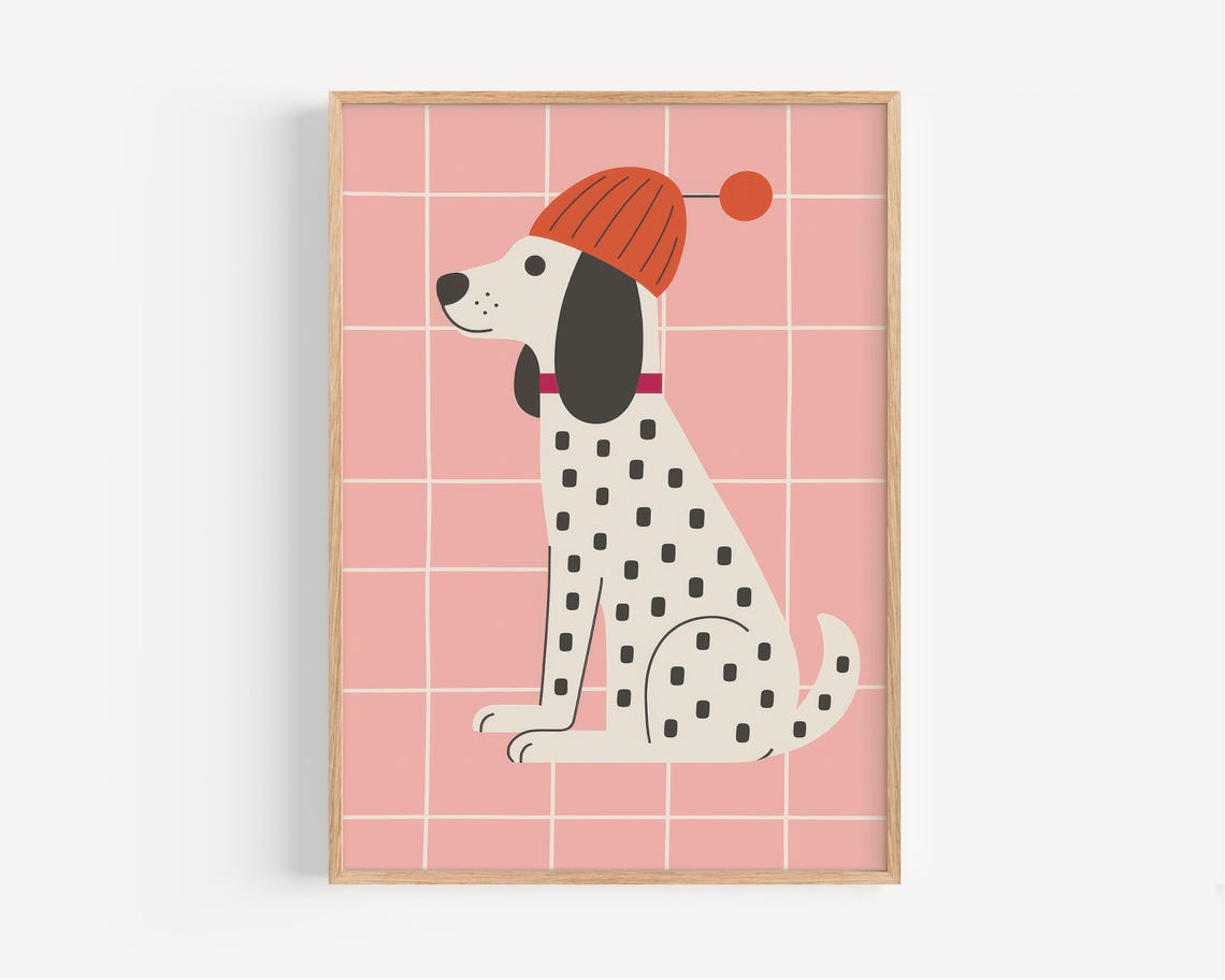 Spotted Winter Dog in Orange Hat on Pink Grid Nursery Wall Poster