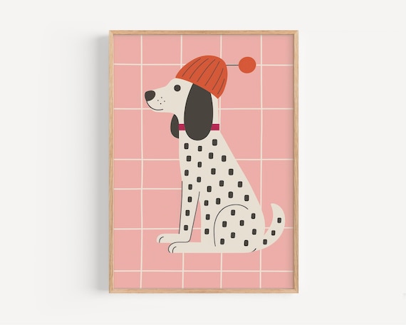 Spotted Winter Dog in Orange Hat on Pink Grid Nursery Wall Poster