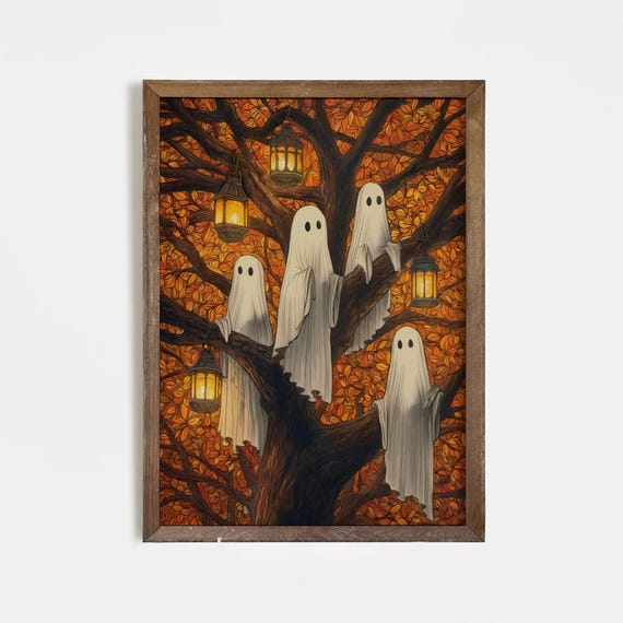 Halloween Ghosts In Autumn Tree Print Spooky Lantern Wall Art Fall Haunted Forest Poster Cute Ghostly Decor