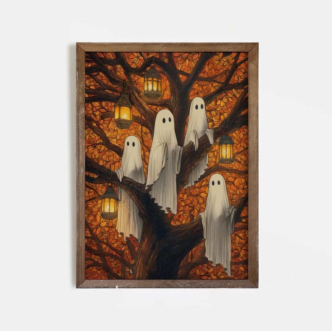 Halloween Ghosts In Autumn Tree Print Spooky Lantern Wall Art Fall Haunted Forest Poster Cute Ghostly Decor