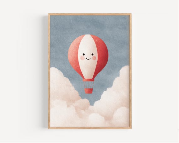 Hot Air Balloon Nursery Wall Art Cute Red Poster For Baby Room Or Playroom