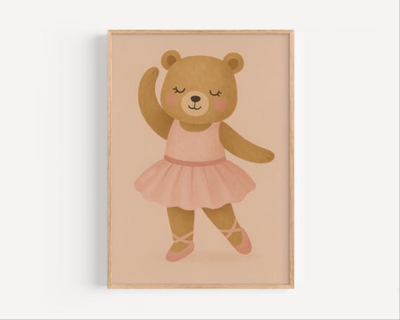 Ballerina Bear Nursery Print Baby Girl Wall Art Cute Animal Poster Pink Kids Room Decor