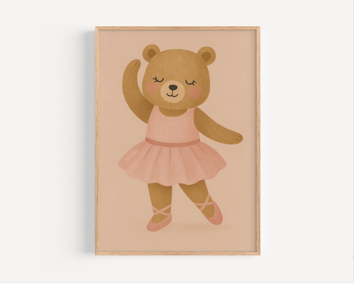 Ballerina Bear Poster Cute Pink Tutu Dancer Baby Girl Nursery Art